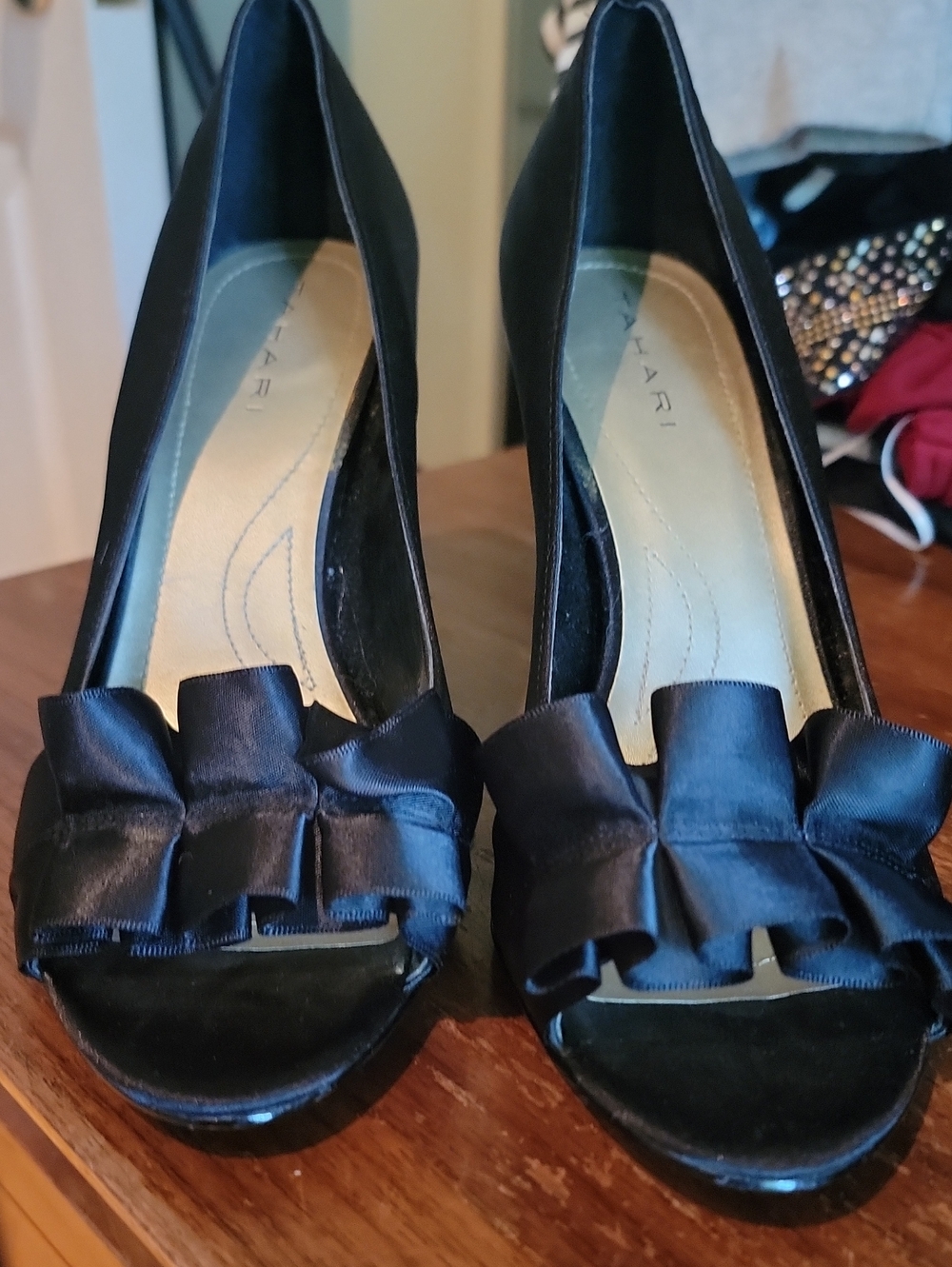 Tahari Sloan Black Satin Peep-Toe Pumps with Bow Detail - Women